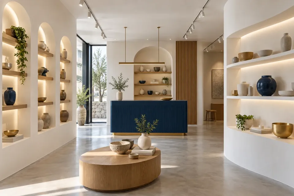 Concepto de un local comercial con nichos y acabados lisos